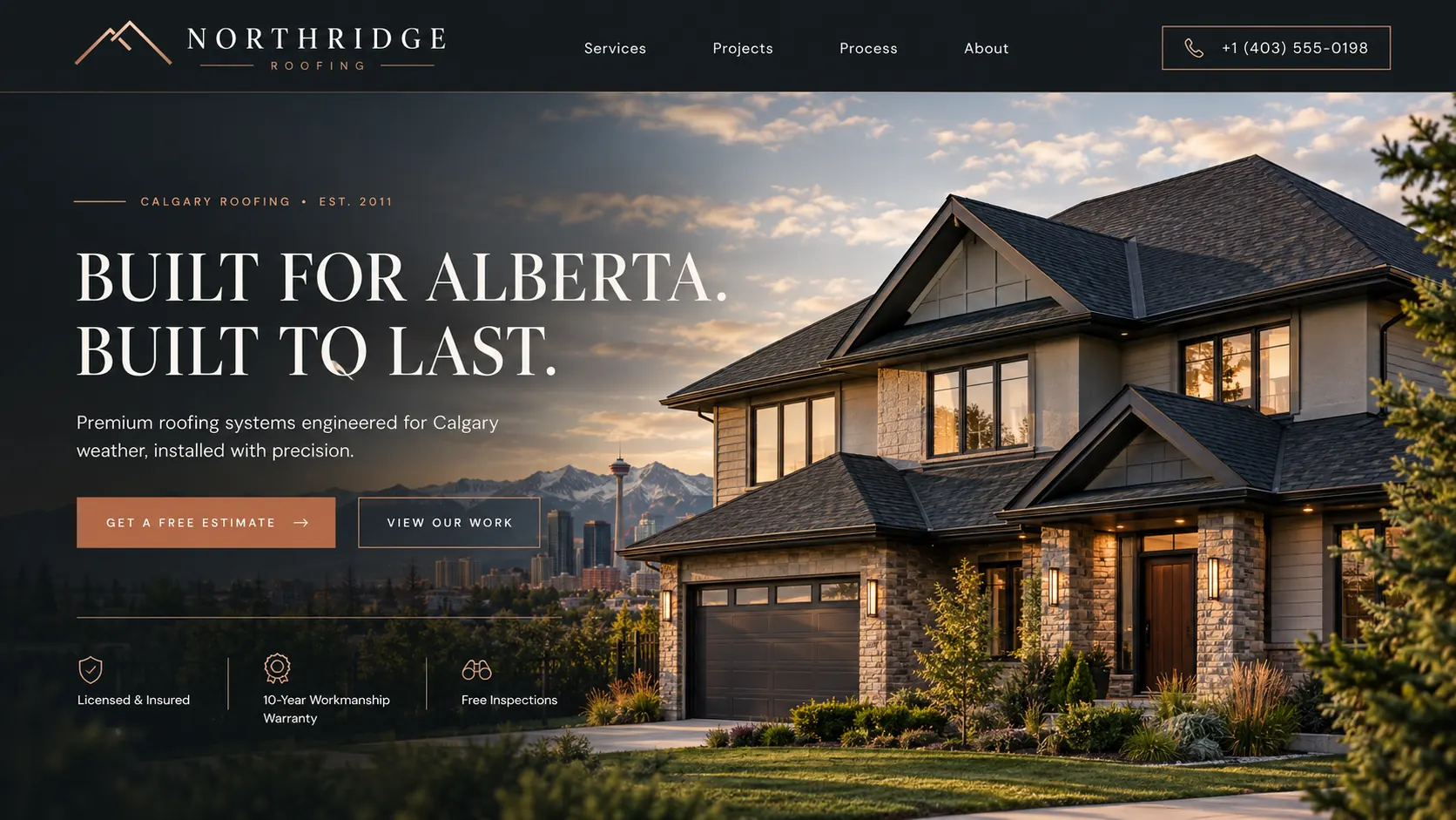 A premium Calgary home with a dark architectural-shingle roof at sunset